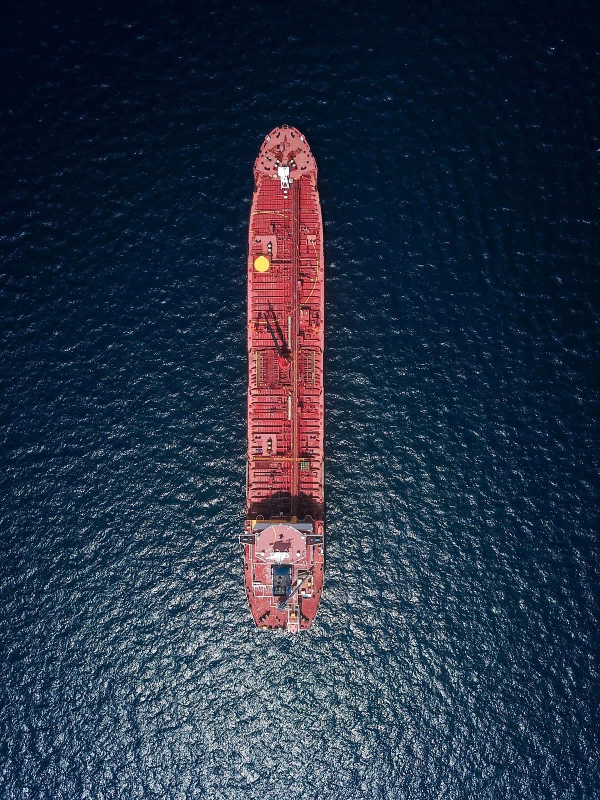 Product tanker seen from directly above in open water
